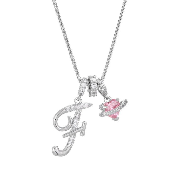 Nerute - Initial Letter Necklace With Pink Heart Charm