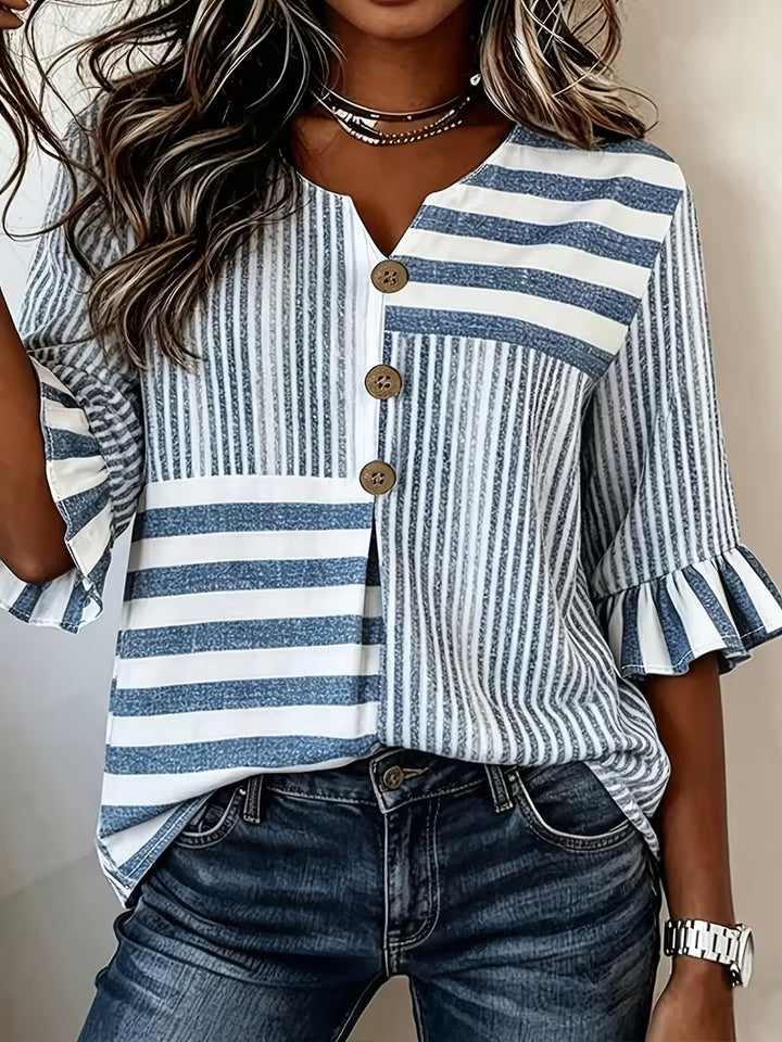 Avyra - Striped Patchwork Ruffle Sleeve Button Top