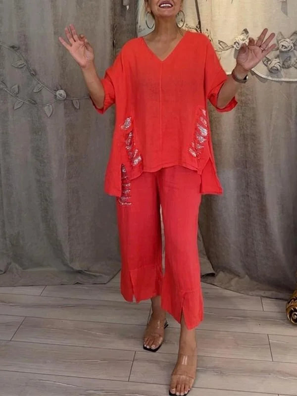 Himashi - Stylish Two Piece Cotton And Linen Suit With V-Neck