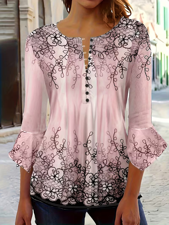 Mesley - Floral Print Ruffle Trim Half Sleeve Blouse