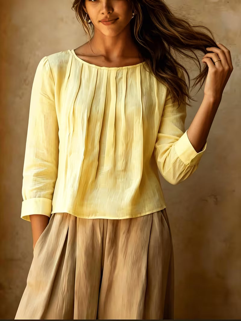 Gelina - Round Neck Blouse With Front Pleats