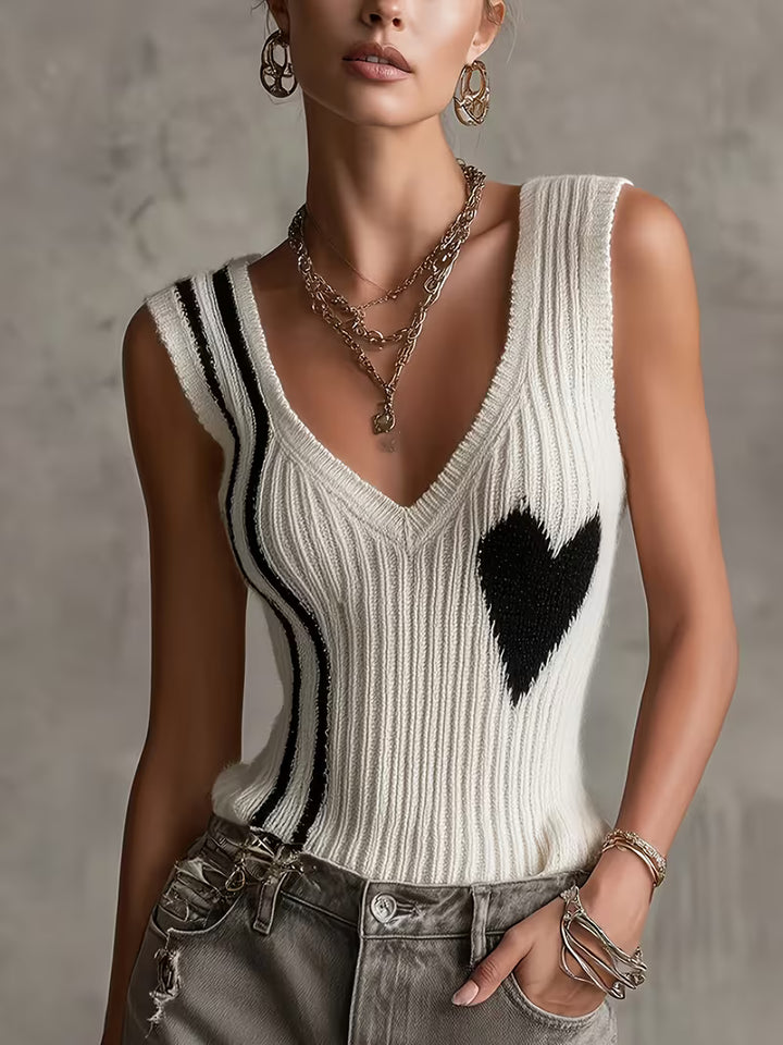 Sutchai - Sleeveless Heart Jacquard Contrast Vest