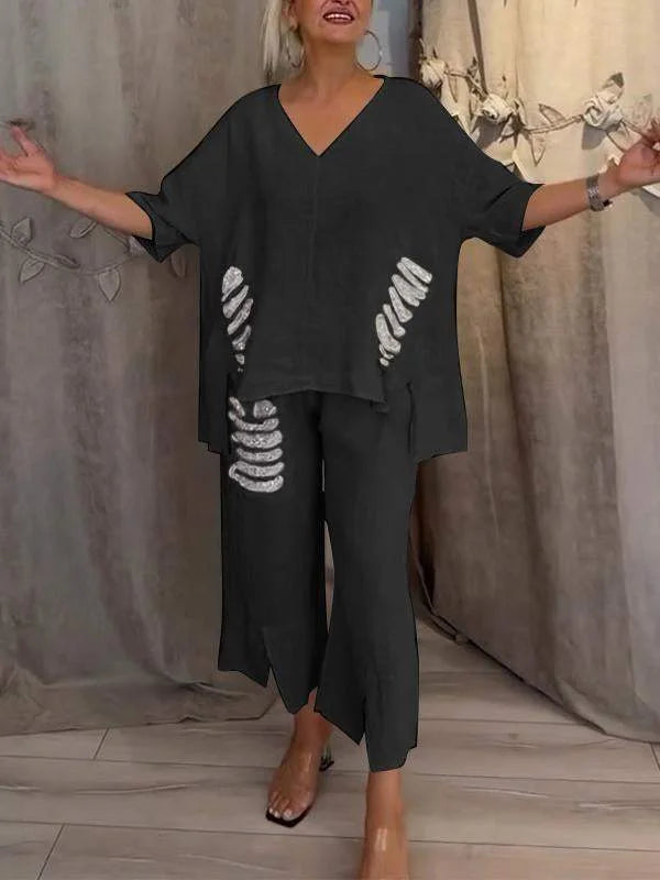 Himashi - Stylish Two Piece Cotton And Linen Suit With V-Neck