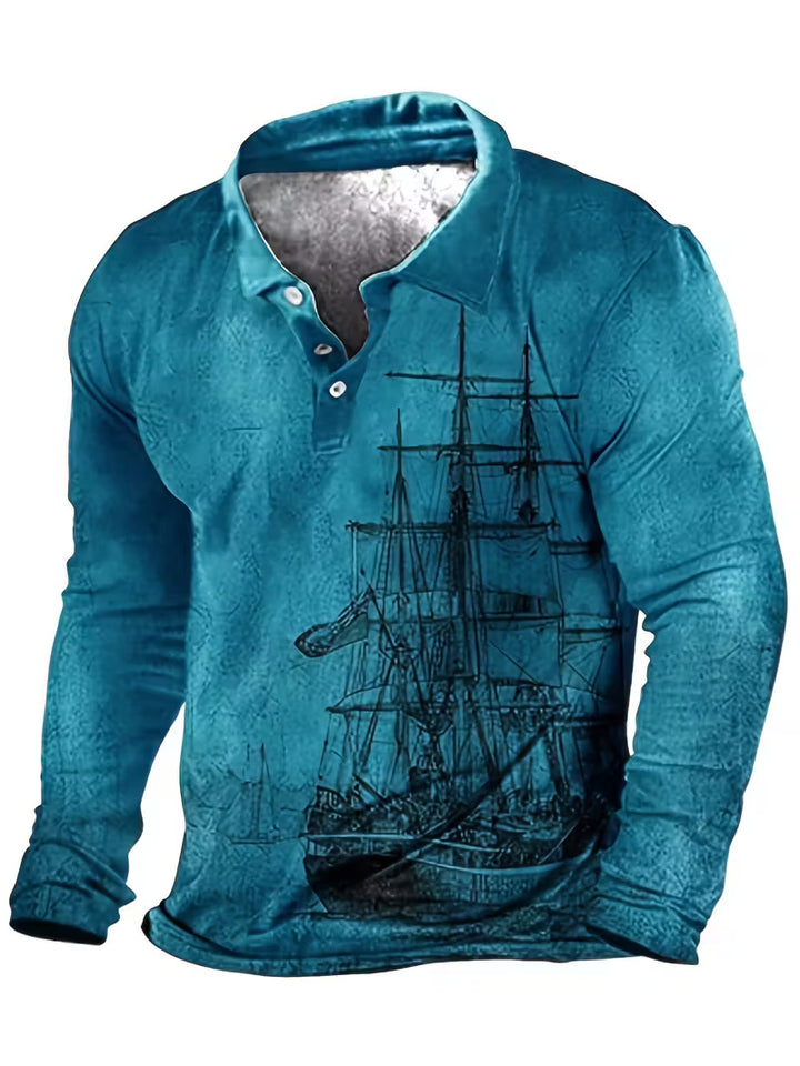 Giles - Stylish 3D Sailboat Print Lapel Shirt
