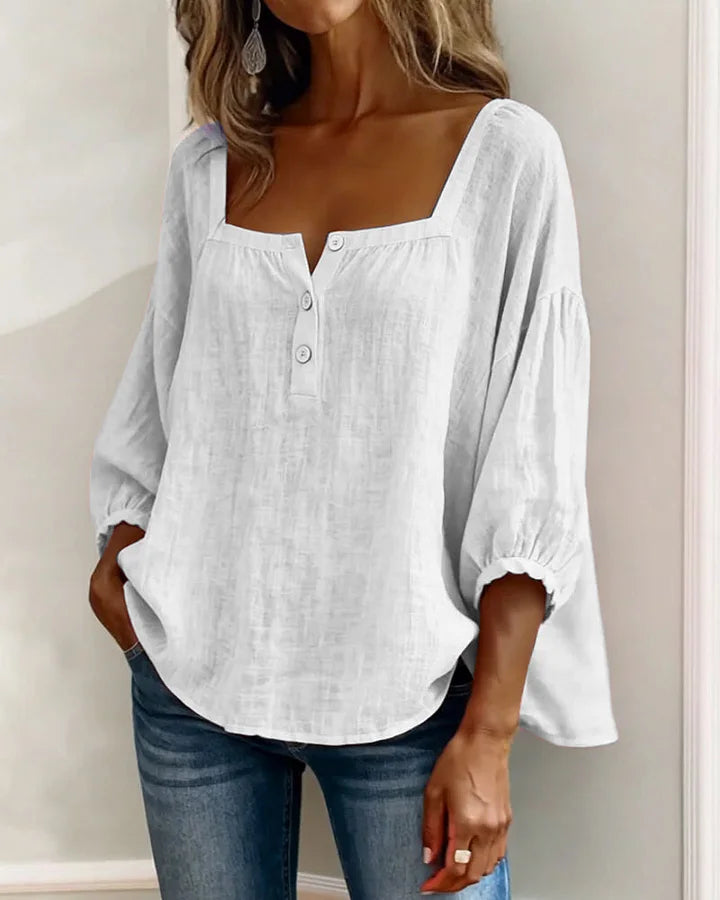 Leontien - Square Neck Long Sleeve Cotton Blouse