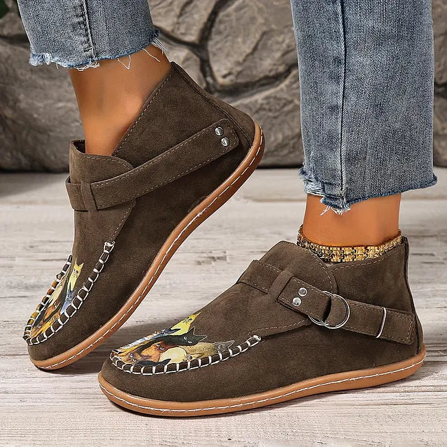 Corelle - Cat Print Flat Ankle Boots with Buckle