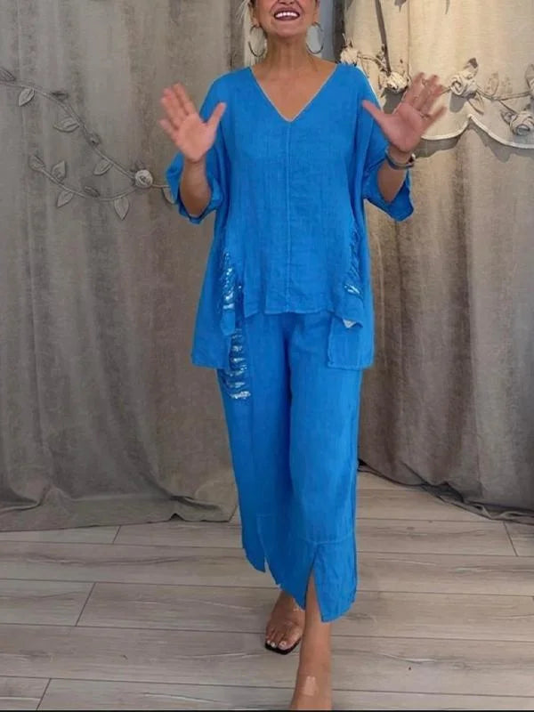 Himashi - Stylish Two Piece Cotton And Linen Suit With V-Neck