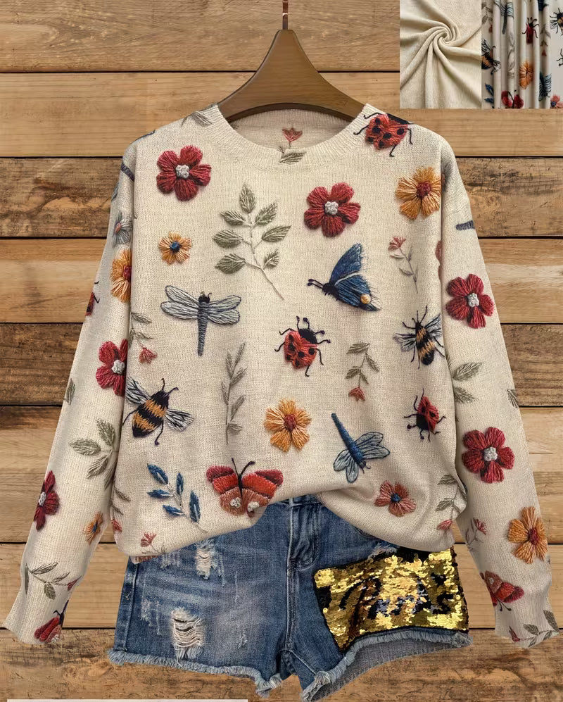 Soleilys - Casual Floral And Insect Print Sweater