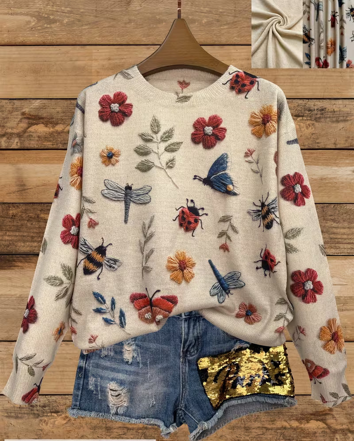 Soleilys - Casual Floral And Insect Print Sweater