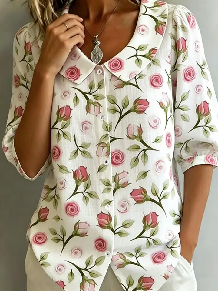 Alvique - Floral Print Collar Short Sleeve Blouse
