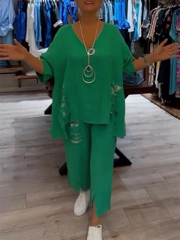 Himashi - Stylish Two Piece Cotton And Linen Suit With V-Neck