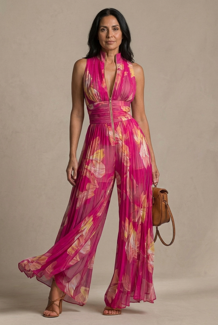 Sandria - Floral Print Zipper Jumpsuit