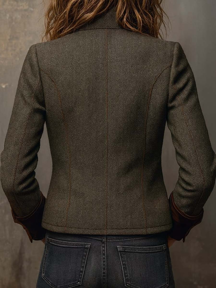 Miraisa - Herringbone Button-Up Jacket With Contrast Cuffs