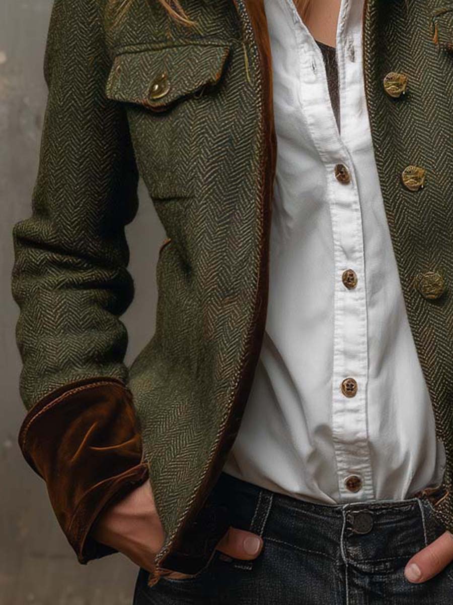 Miraisa - Herringbone Button-Up Jacket With Contrast Cuffs
