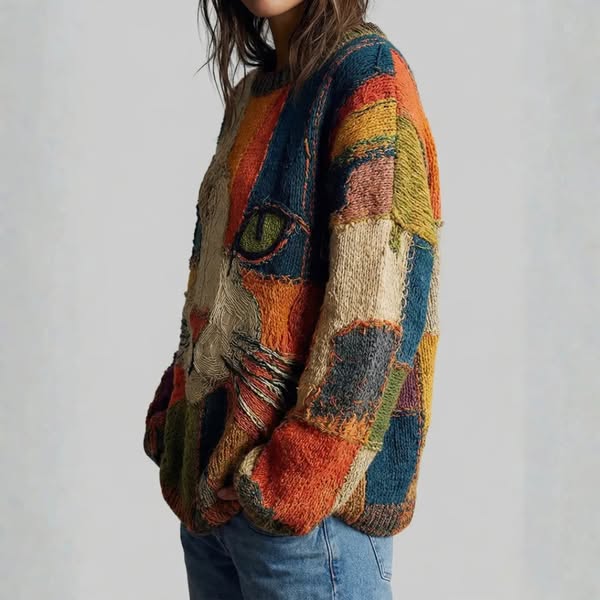 Chaya - Casual Artistic Patchwork Cat Face Top