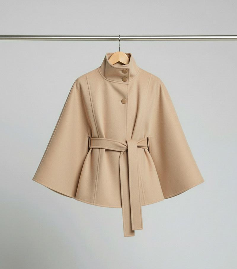 Stina - Woolen Cropped Cloak Coat With Belt