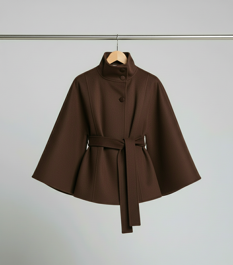 Stina - Woolen Cropped Cloak Coat With Belt