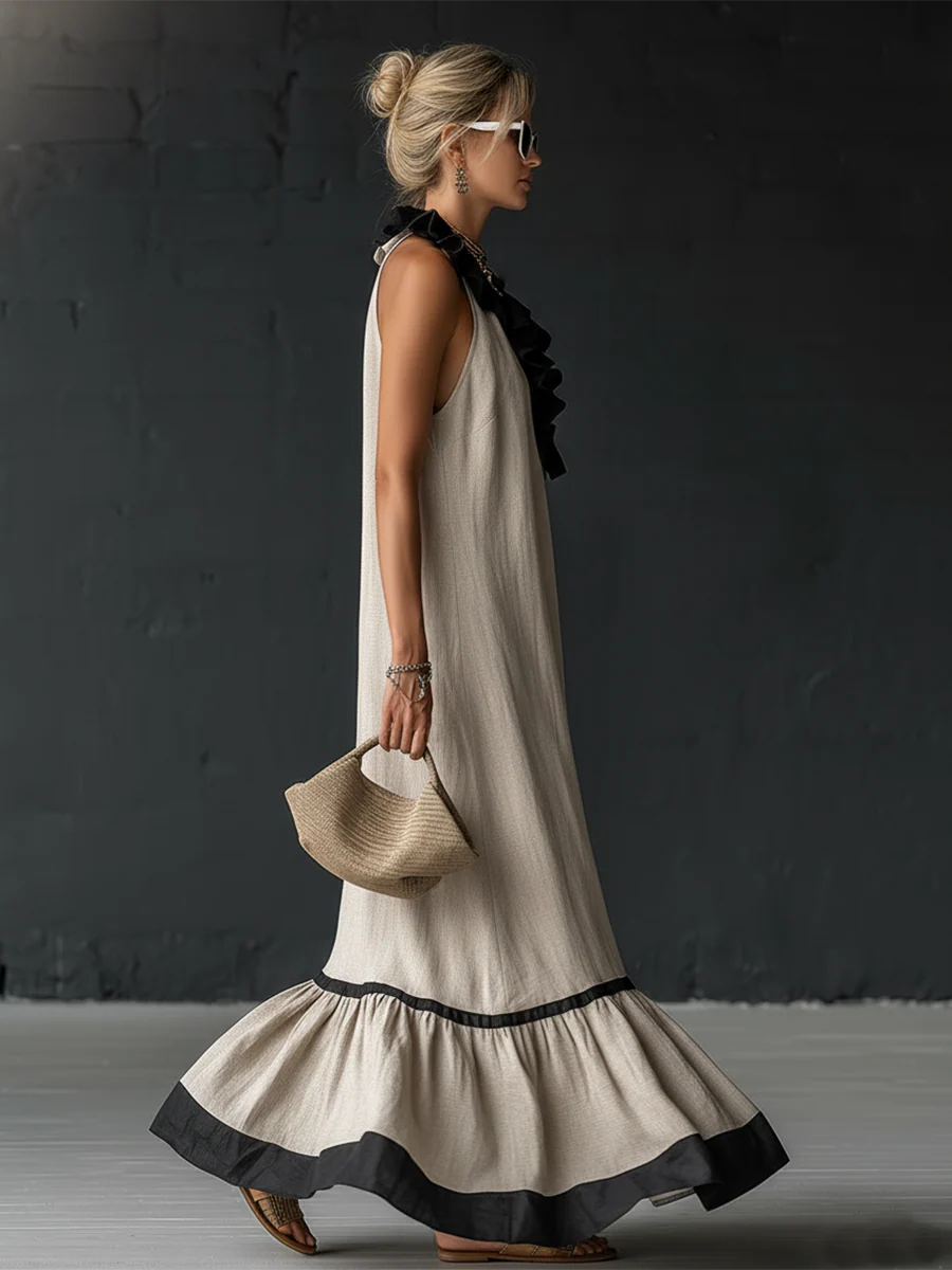 Natja - Ruffle Neck Linen Maxi Dress