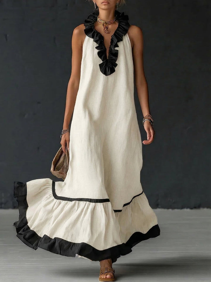 Natja - Ruffle Neck Linen Maxi Dress