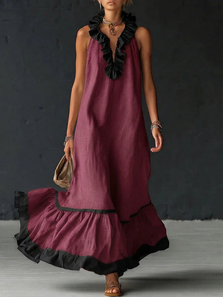 Natja - Ruffle Neck Linen Maxi Dress