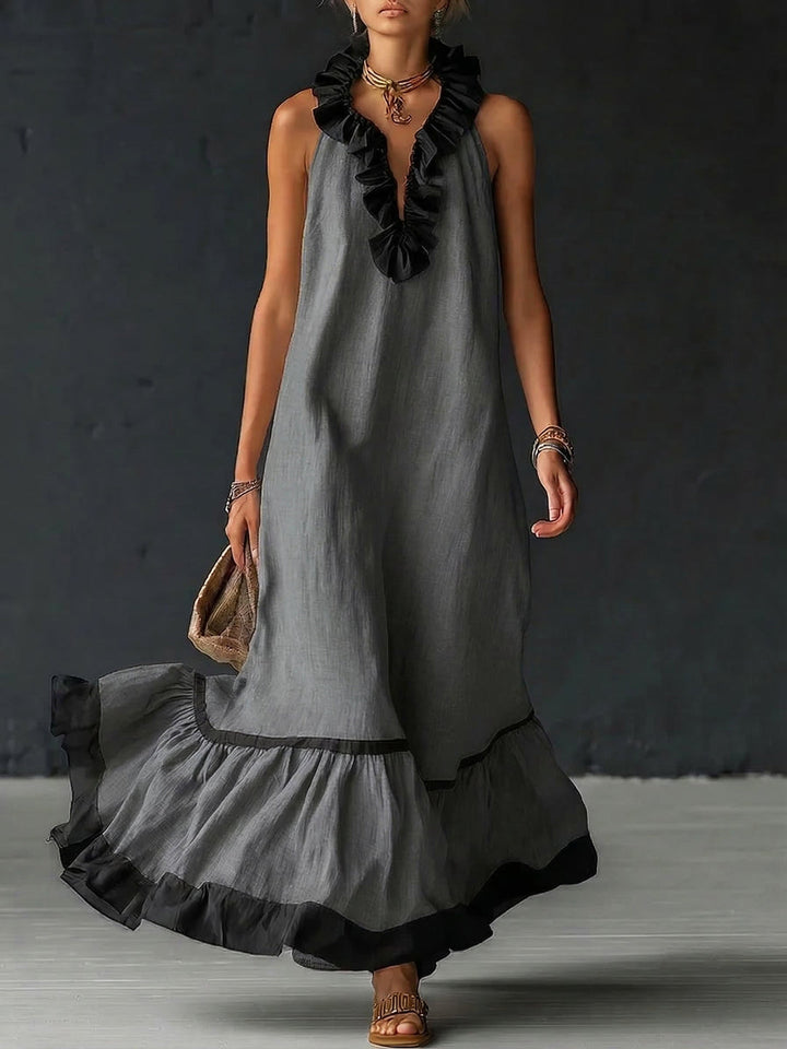 Natja - Ruffle Neck Linen Maxi Dress