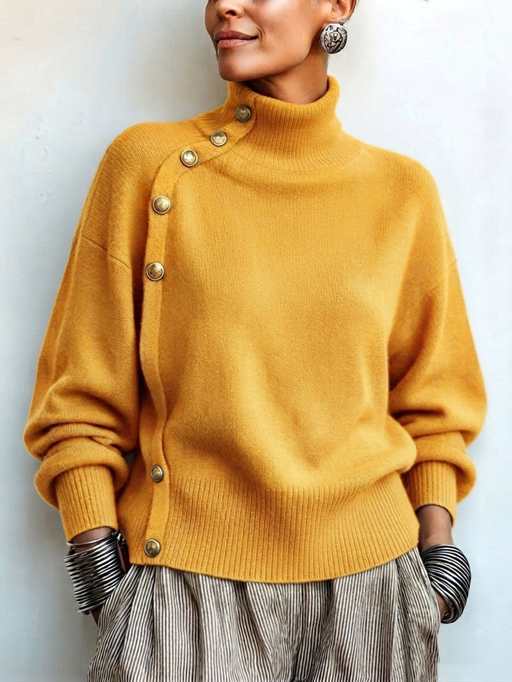 Idalisa - Turtleneck Button Trim Long Sleeve Sweater