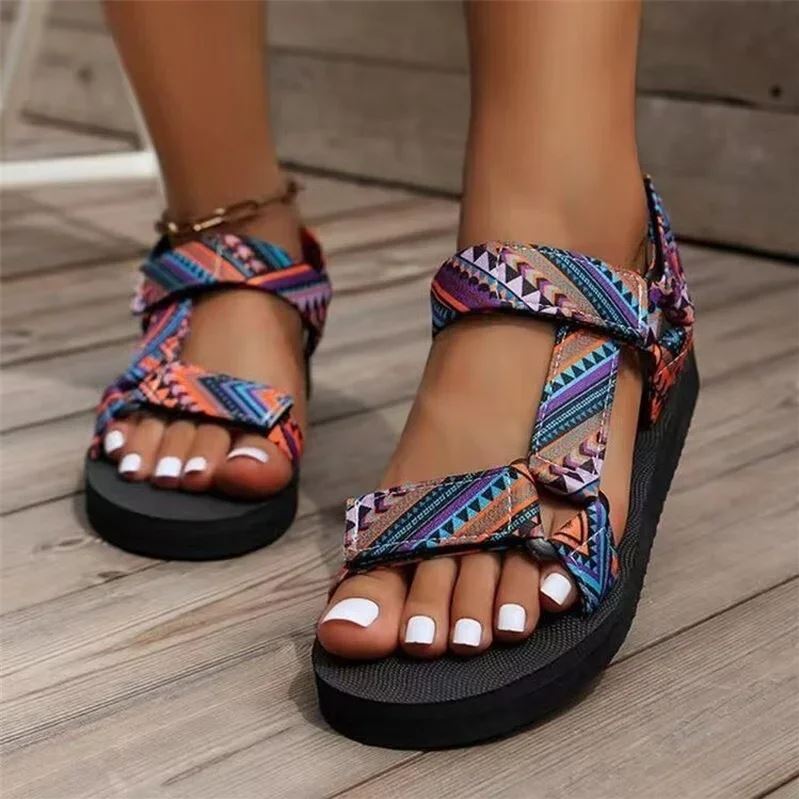 Maryane - Patterned Hook and Loop Platform Sandals