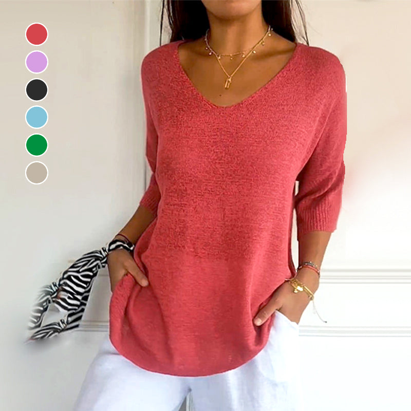 Anjela - Casual knitted Shirt With V-Neck