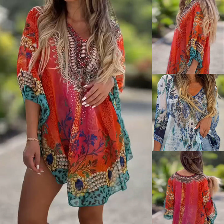 Joleena - Loose V-Neck Asymmetrical Dress