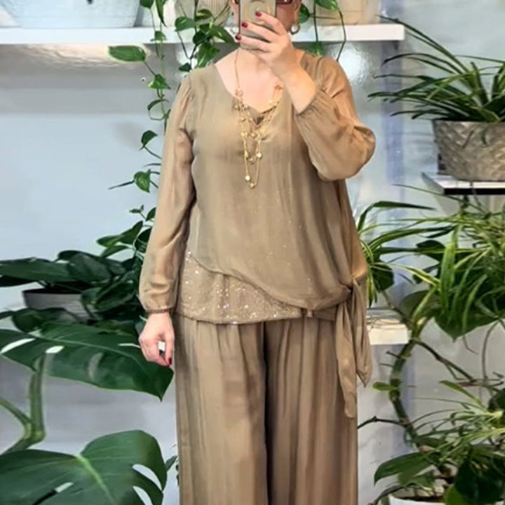 Quirinia - Sequin blouse and wide-leg pants set