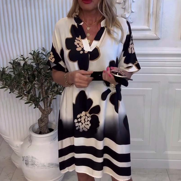 Yarina - Loose Dress with Print and Deep V-Neck