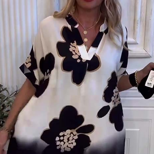 Yarina - Loose Dress with Print and Deep V-Neck