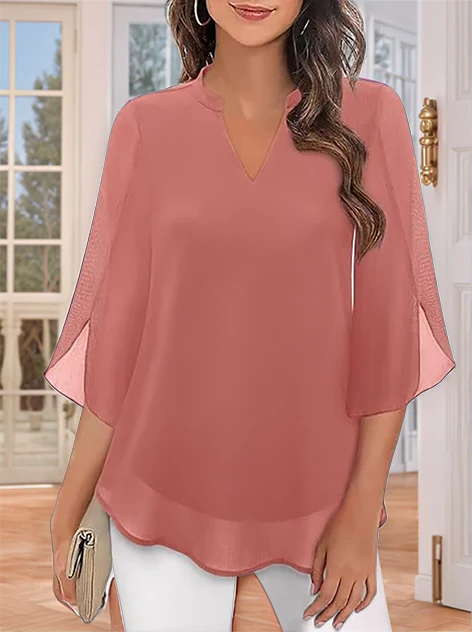 Styliani - Chiffon Blouse With V-neck