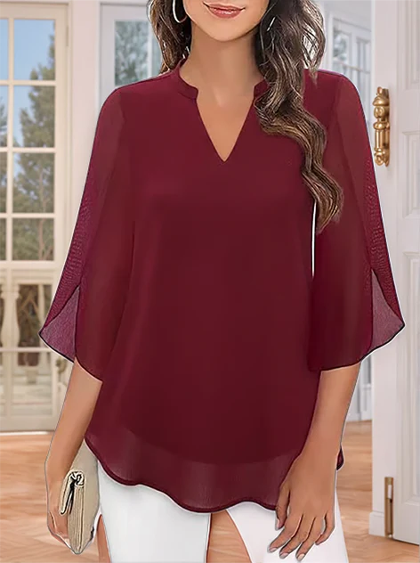 Styliani - Chiffon Blouse With V-neck