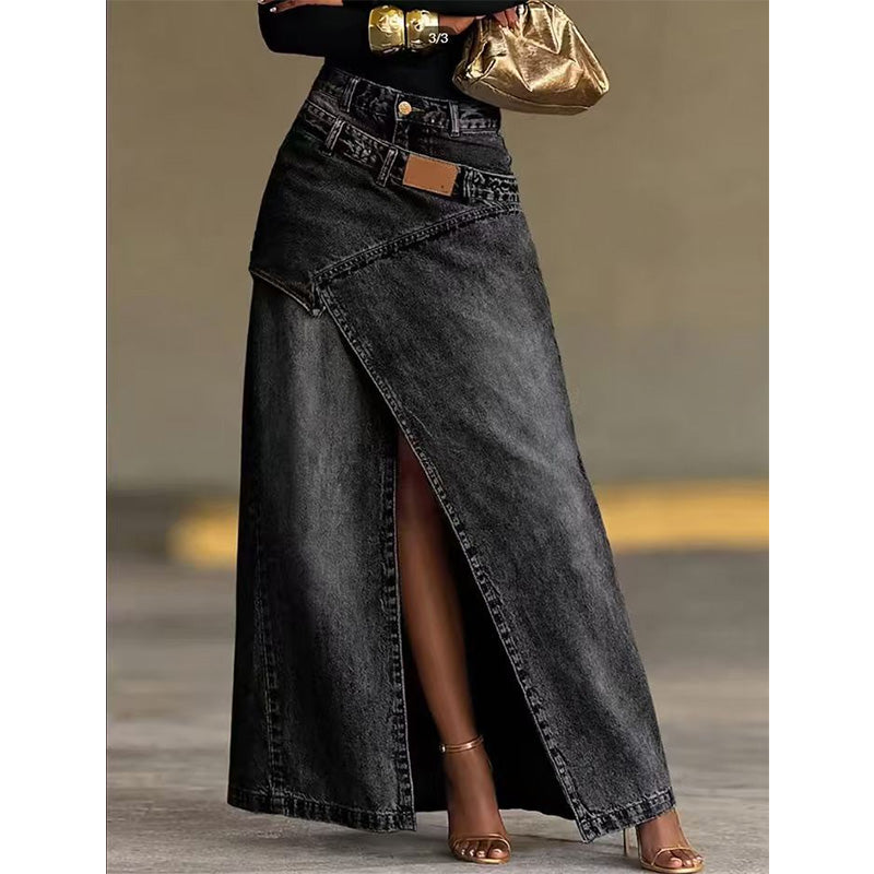 Iliza - Asymmetric Layered Denim Skirt With Slit