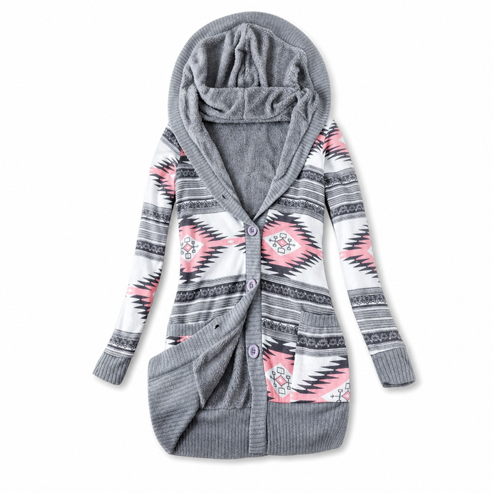 Lucris - Geometric Print Hooded Cardigan