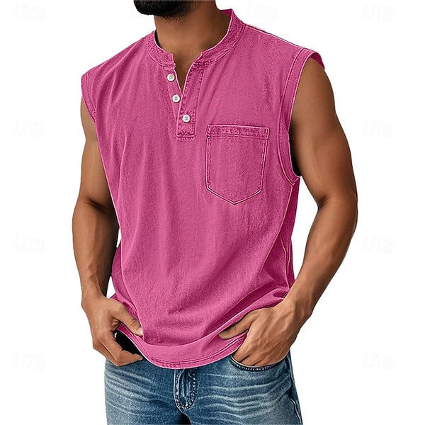 Latrell - Sleeveless Henley Tank With Pocket
